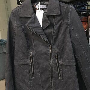 Montanaco Charcoal Vegan Leather Jacket Side Buckle Quilted yoke XS S M XL
